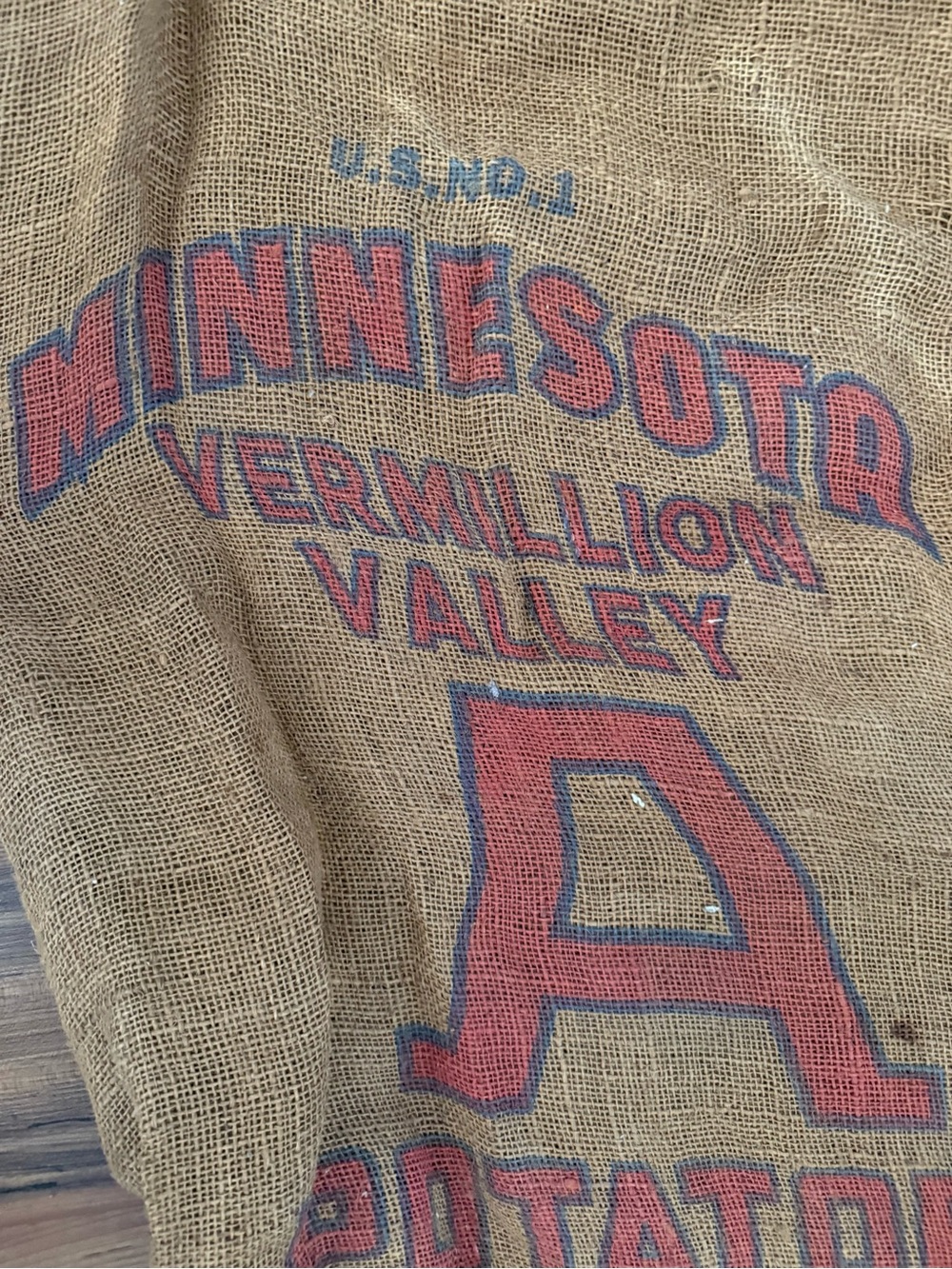 Minnesota Vermillon Valley A Potato Burlap Sack with Red & Blue Print